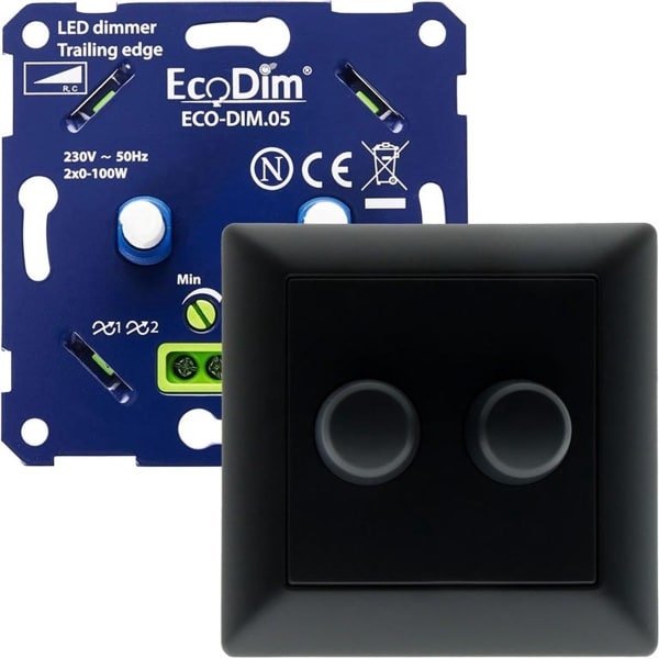 Gira duo led dimmer, ECO-DIM.05, druk/draai, kleine inbouwdiepte, 2x 100W LED, inclusief zwart afdekmateriaal passend in Gira E2 serie