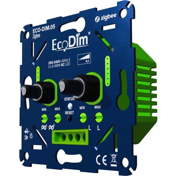 EcoDim Zigbee duo led dimmer, ECO-DIM.05 Zigbee, druk/draai, kleine inbouwdiepte, 2x 100W LED, bijpassend afdekmateriaal verkrijgbaar