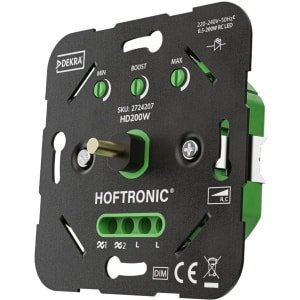 HOFTRONIC - LED Dimmer - 0.5 - 200 Watt - Fase afsnijding (RC) Trailing edge - Inbouw - Enkel - Voor alle afdekmaterialen - 2-draads dimmer - Universeel - Geruisloos - Incl. Adapterset inbouwdimmer