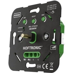 HOFTRONIC - LED Dimmer - 0.5 - 300 Watt - Face afsnijging (RC) & Fase aansnijding (RL) - Inbouw - Enkel - Voor alle afdekmaterialen - 2-draads dimmer - Universeel - Geruisloos - Incl. Adapterset inbouwdimmer
