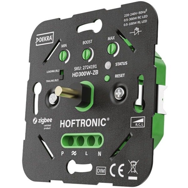 HOFTRONIC - LED Dimmer - Smart WiFi - HD300W - Fase Afsnijding (RC) & Fase Aansnijding (RL) - Zigbee - Inbouw - Enkel - 0.5 - 300 Watt - Werkt met alle Zigbee systemen - Universeel inbouwen