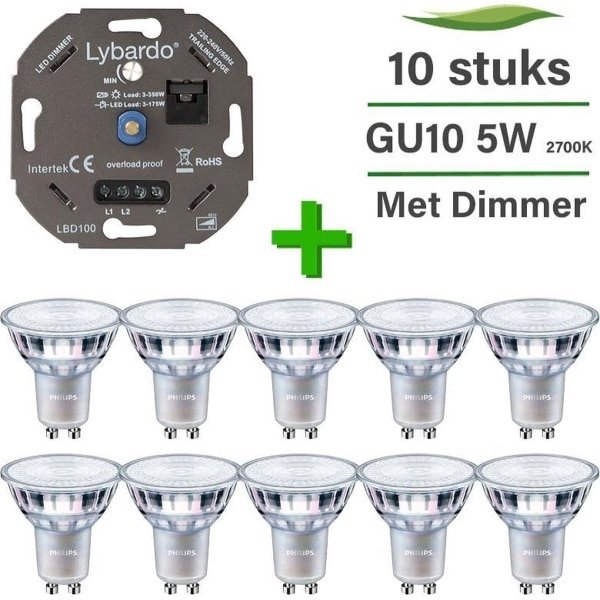Philips GU10 LED lamp - 10-pack - 4W - Dimbaar - Warmwit Licht + LED Dimmer 0-175W