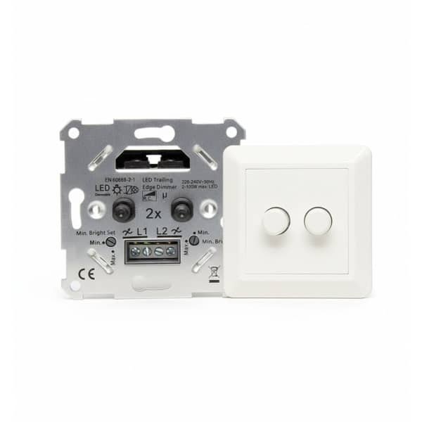 Duo LED Dimmer 2x 0-100W (Fase-afsnijding) - Dubbele dimmer (met knoppen & afdekraam)
