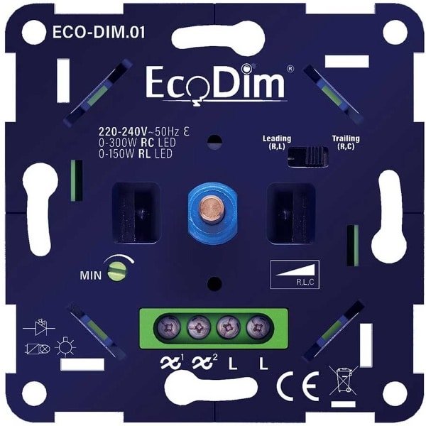 LED Dimmer Inbouw - 0-300 Watt - Geschikt voor fase aan- en afsnijding - Geschikt voor alle merken afdekmateriaal - Universeel - ECO-DIM.01