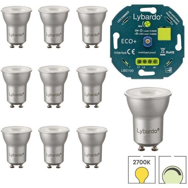 Lybardo - GU10 LED lamp - GU11 spot 35mm - 10 pack - 3.5W - Dimbaar - Warmwit Licht + LED Dimmer 3-200W