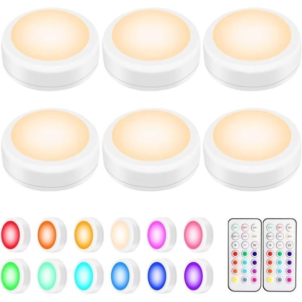 6 Stuks RGB LED Puck Lampen met Afstandsbediening - 13 Kleuren Dimmer Timer - Draadloze Plakbare Onderkastverlichting