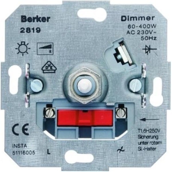 BERKER dimmer - Inbouwelement - 230V gloeilamp en 230V halogeen - 60 tot 400 watt - Draai/uit