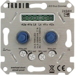 Tradim - LED Dimmer DUO inbouw - 3-100W - Fase afsnijding - Hotelschakelaar functie