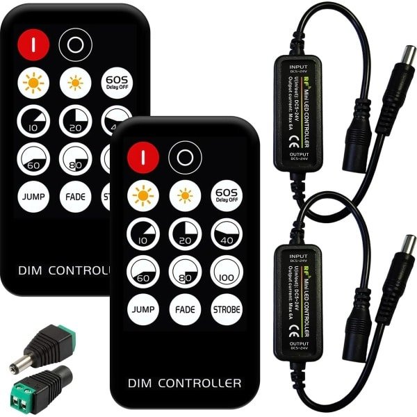 Mini RF dimmer-controller, 2 stuks, 14 toetsen, mini-controller, RF-dimmer, mini-led-controller met 2 conversiekoppen, mini RF led dimmer controller, led RF draadloze afstandsbediening voor