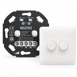 Duo LED Dimmer 2x 0-200W (Fase-afsnijding) - Dubbele dimmer (met knoppen & afdekraam)