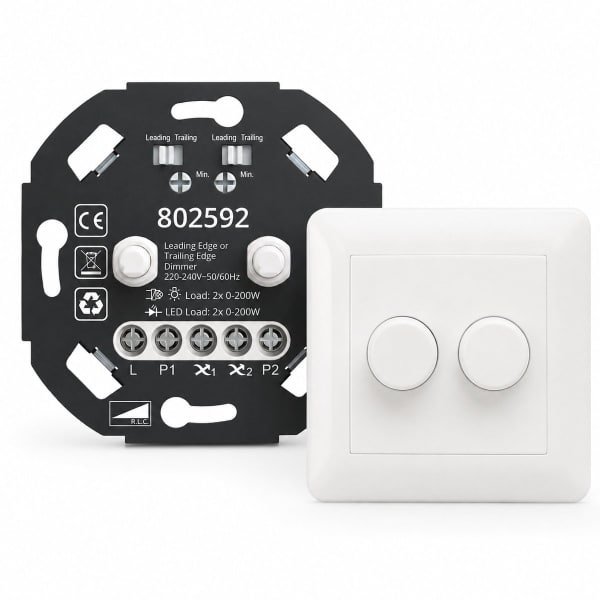 Duo LED Dimmer 2x 0-200W (Fase-afsnijding) - Dubbele dimmer (met knoppen & afdekraam) Duo LED Dimmer 2x 0-200W (Fase-afsnijding) - Dubbele dimmer (met knoppen & afdekraam)