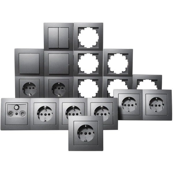 Wandcontactdoos Set - Schakelmateriaal - Woonkamer Inbouw - Mat Antraciet Design - 20 Delig